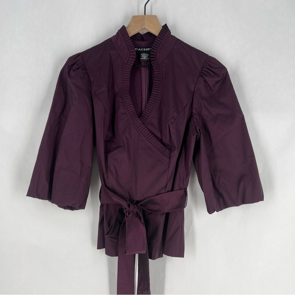 Cachet Purple Taffetta Pleated Crossover V-Neck 3/4 Sleeve Belted Top Size 6